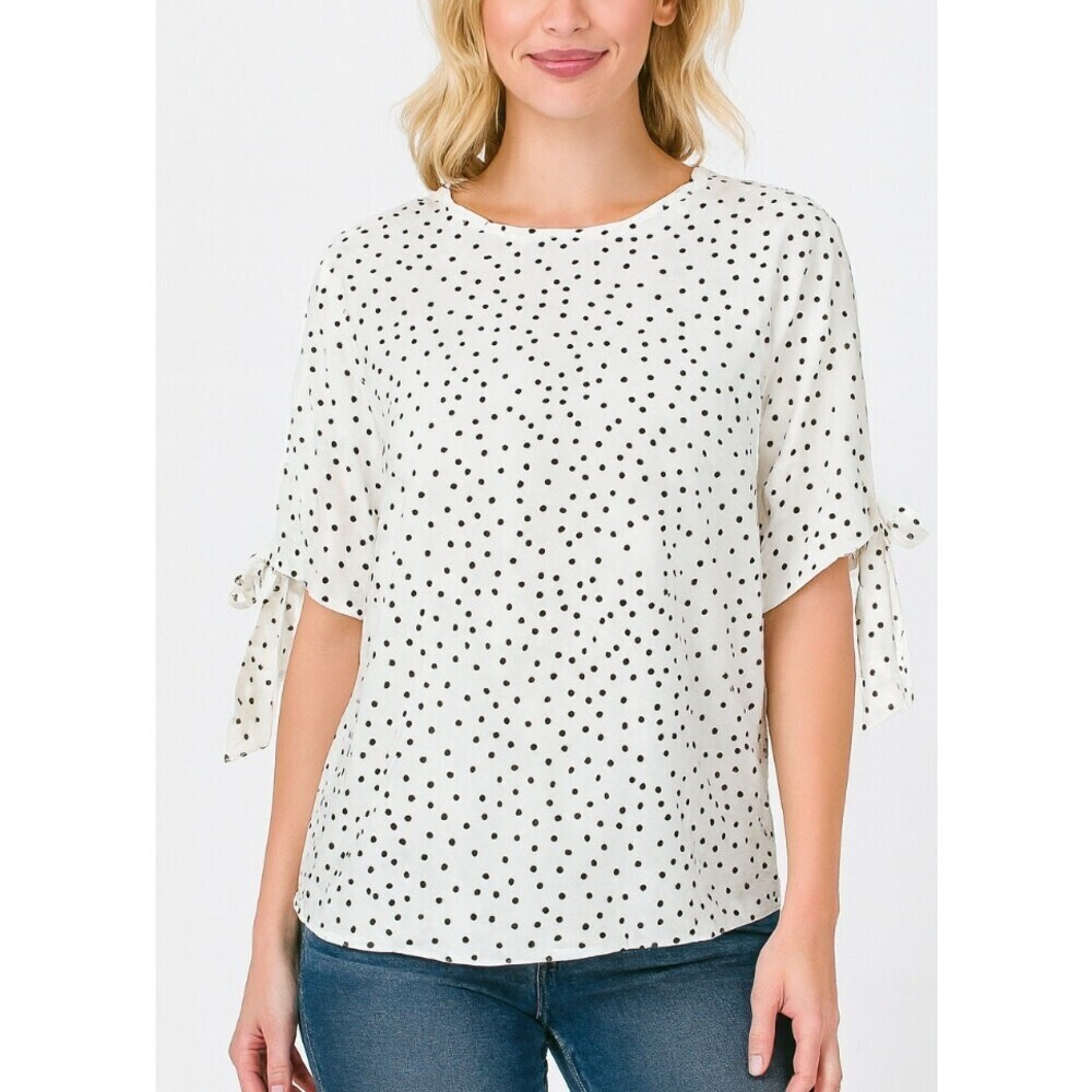 Melloday Blouse Black + White Polka Dot Ties Elbow Length Sleeve Top NEW SZ MP